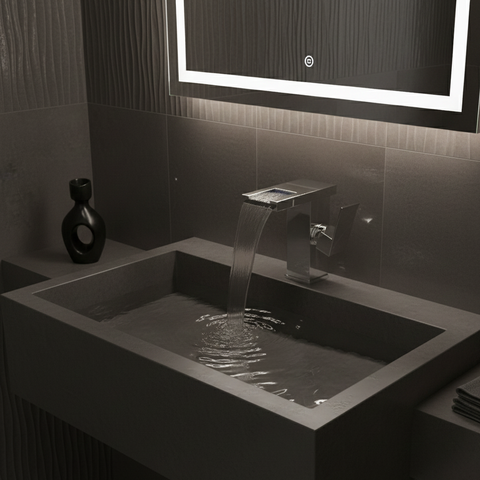 Robinet mitigeur lavabo salle de bain design cascade led température - Argenté
