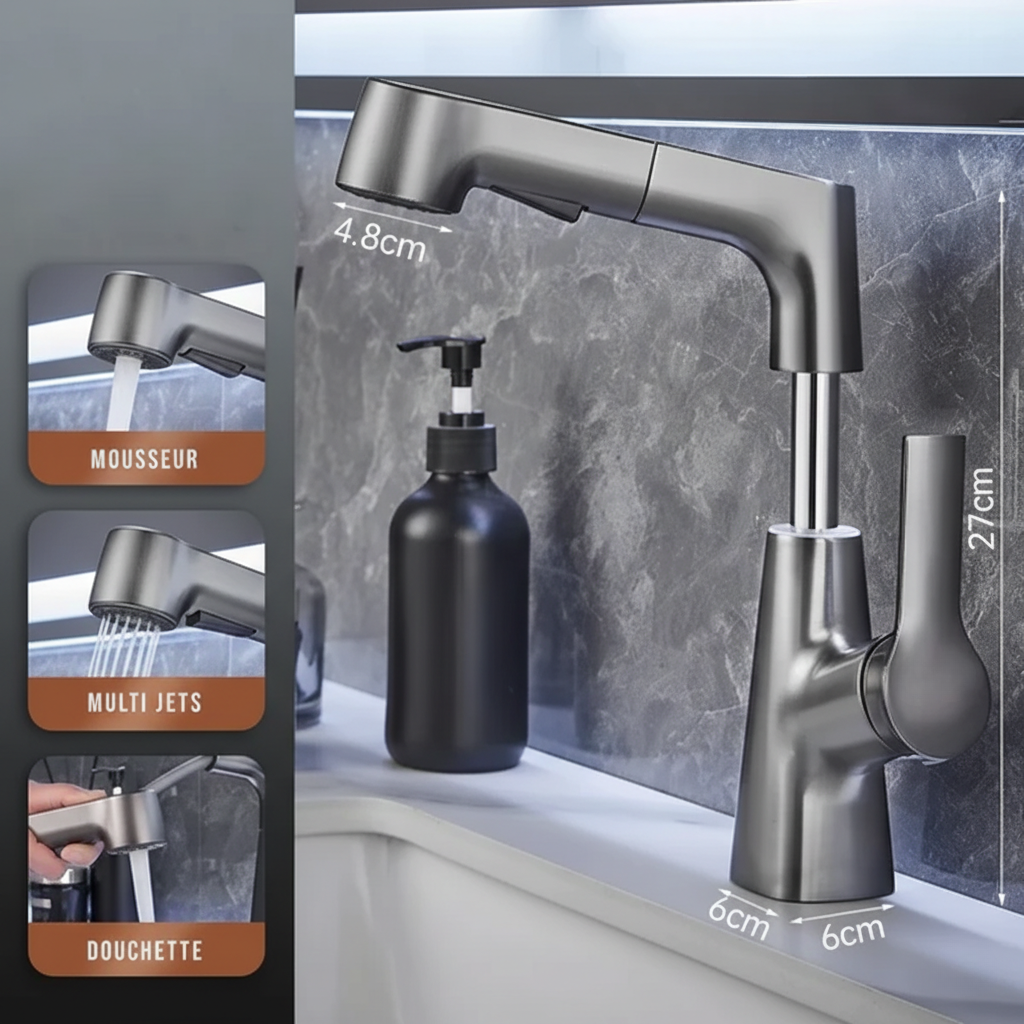 Robinet mitigeur évier cuisine flexible douchette hauteur réglable - Argenté