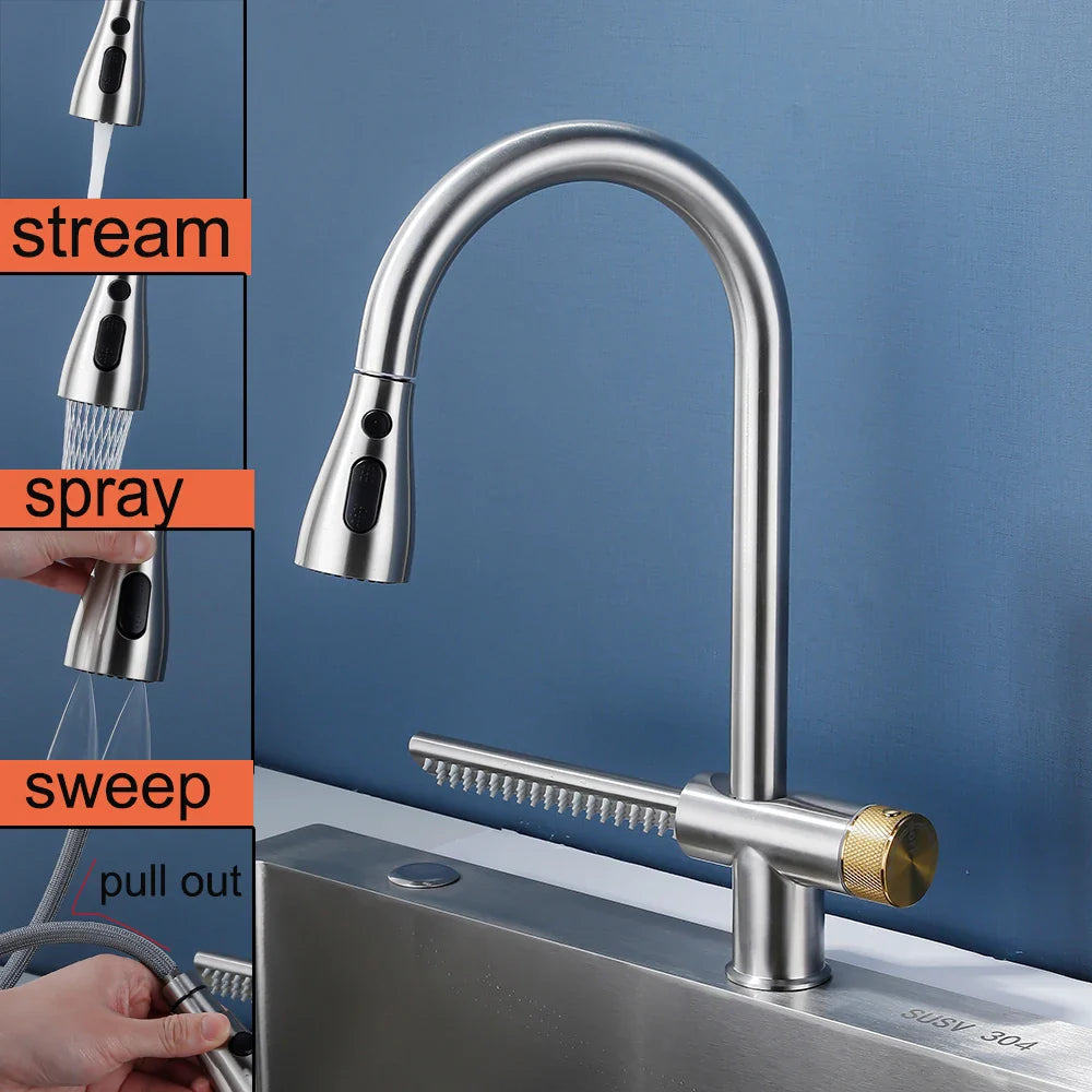 Robinet mitigeur évier cuisine cascade flexible douchette - Noir - Laiton