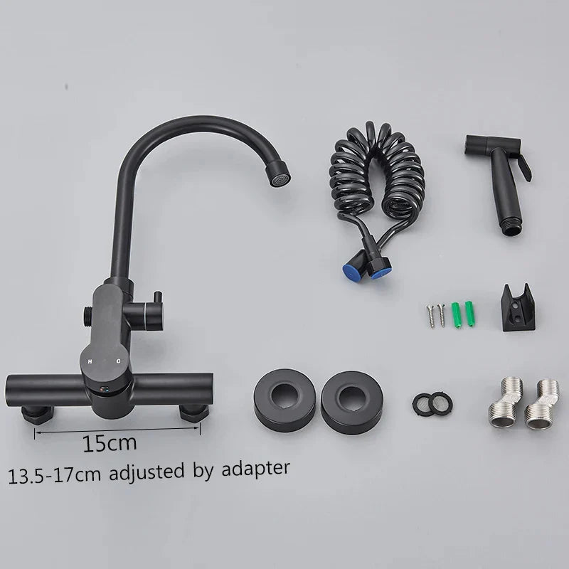 Robinet mitigeur évier cuisine mural encastrable douchette pistolet flexible - Argenté (image lifestyle)