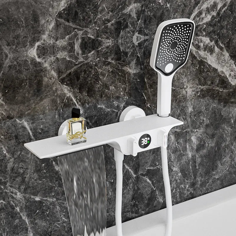 Robinet baignoire salle de bain cascade douchette affichage numérique - Blanc - Laiton