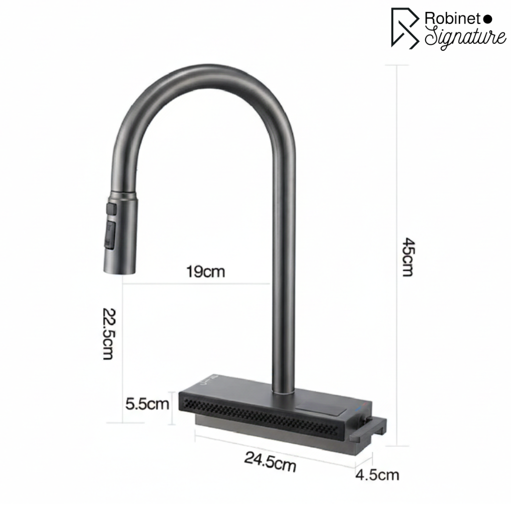 Robinet mitigeur évier cuisine cascade flexible douchette affichage numérique - Argenté