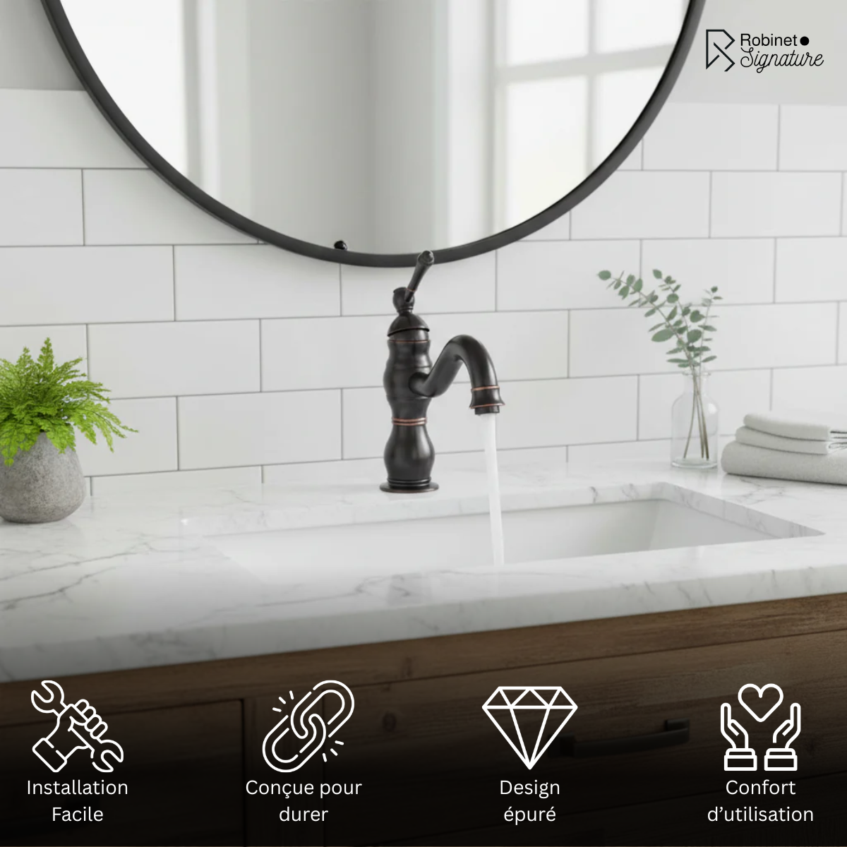 Robinet mitigeur salle de bain lavabo vintage rétro - Noir - Laiton