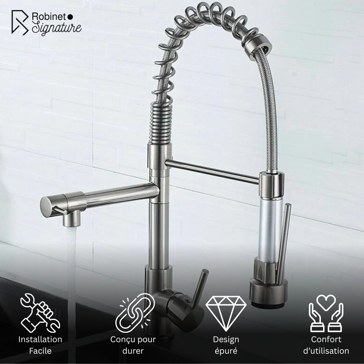 Mitigeur Robinet cuisine acier avec douchette flexible et bec
