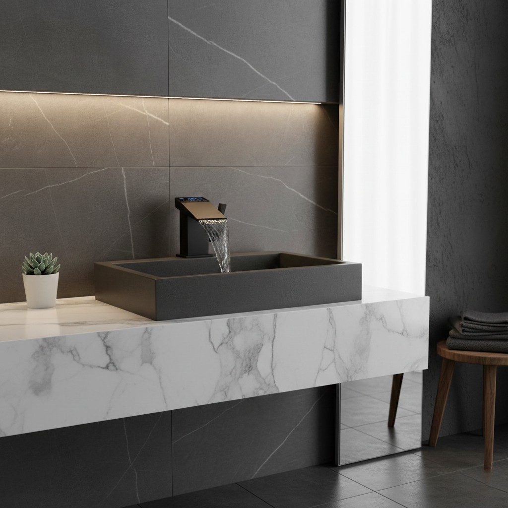 Robinet mitigeur salle de bain lavabo thermostatique affichage numérique - Noir - Laiton