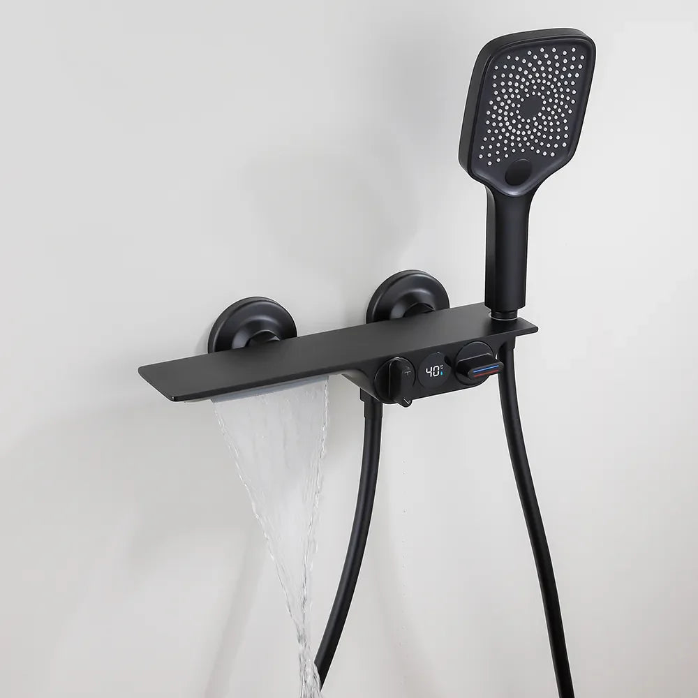 Robinet baignoire salle de bain cascade douchette affichage numérique - Noir - Laiton