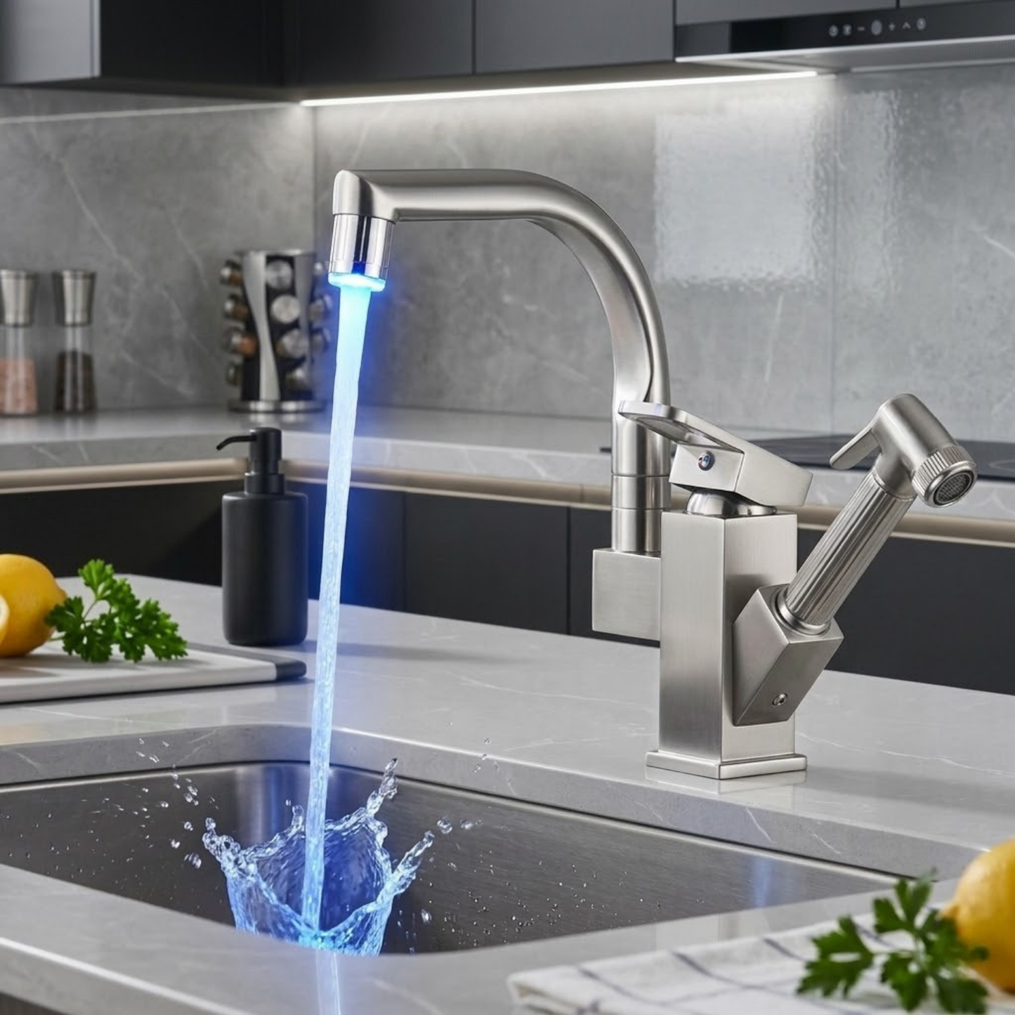 Robinet mitigeur évier cuisine design led flexible douchette pistolet - Argenté - Laiton