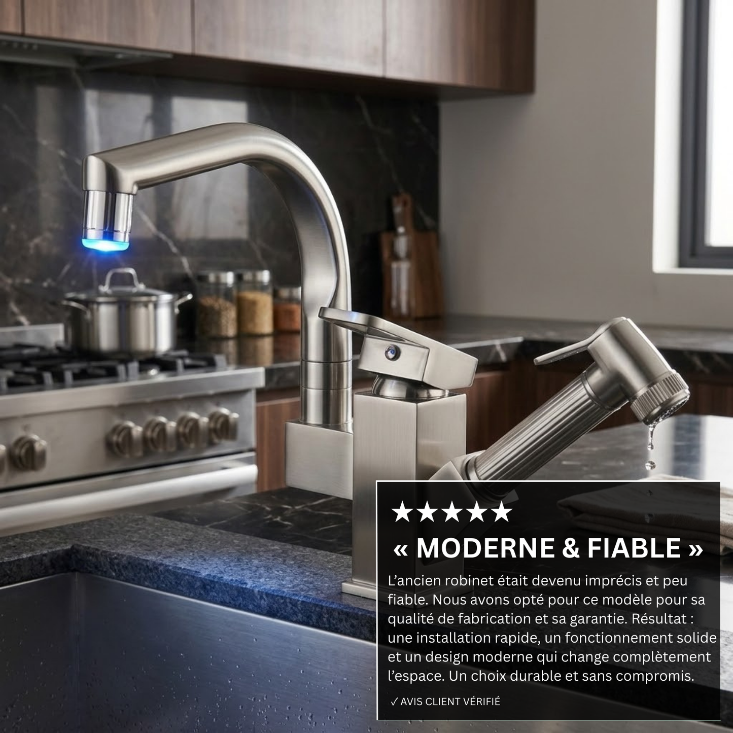 Robinet mitigeur évier cuisine design led flexible douchette pistolet - Argenté - Laiton