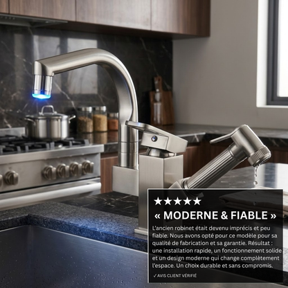 Robinet mitigeur évier cuisine design led flexible douchette pistolet - Argenté - Laiton