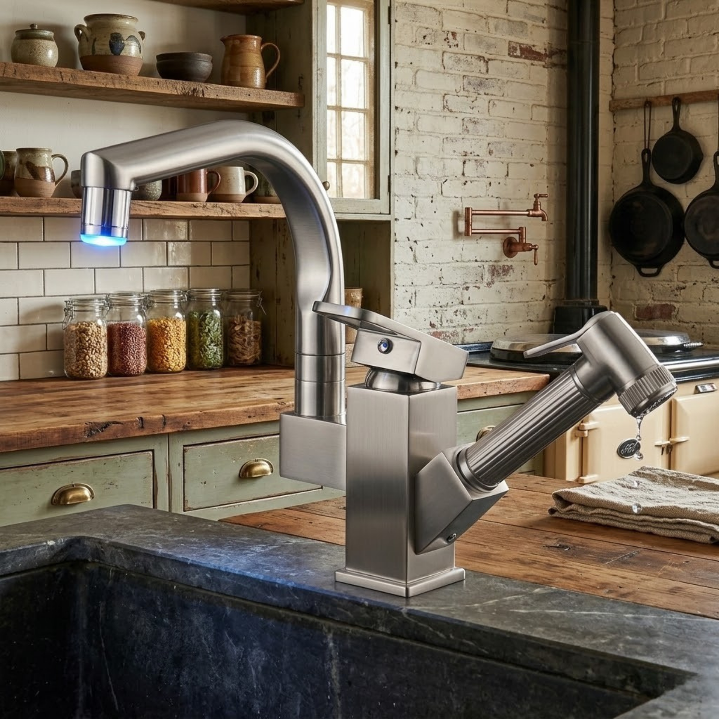 Robinet mitigeur évier cuisine design led flexible douchette pistolet - Argenté - Laiton