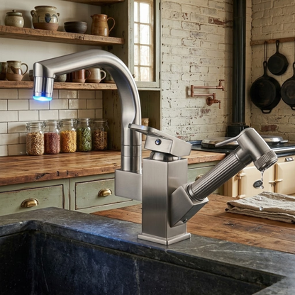 Robinet mitigeur évier cuisine design led flexible douchette pistolet - Argenté - Laiton