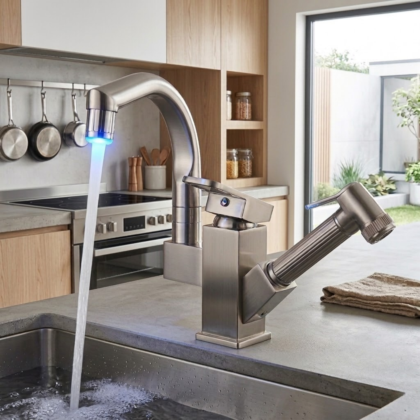 Robinet mitigeur évier cuisine design led flexible douchette pistolet - Argenté - Laiton