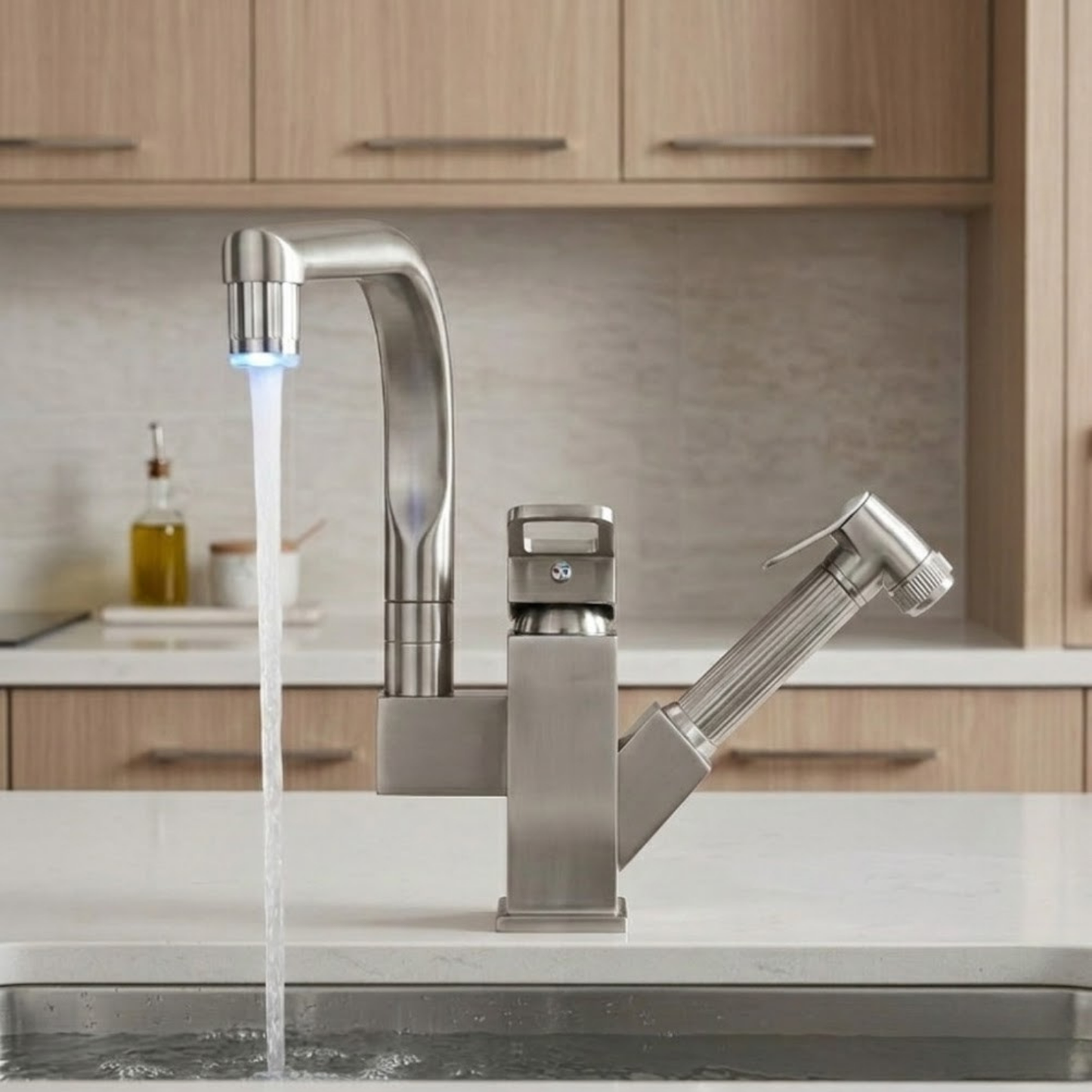 Robinet mitigeur évier cuisine design led flexible douchette pistolet - Argenté - Laiton