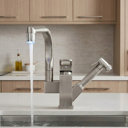 Robinet mitigeur évier cuisine design led flexible douchette pistolet - Argenté - Laiton