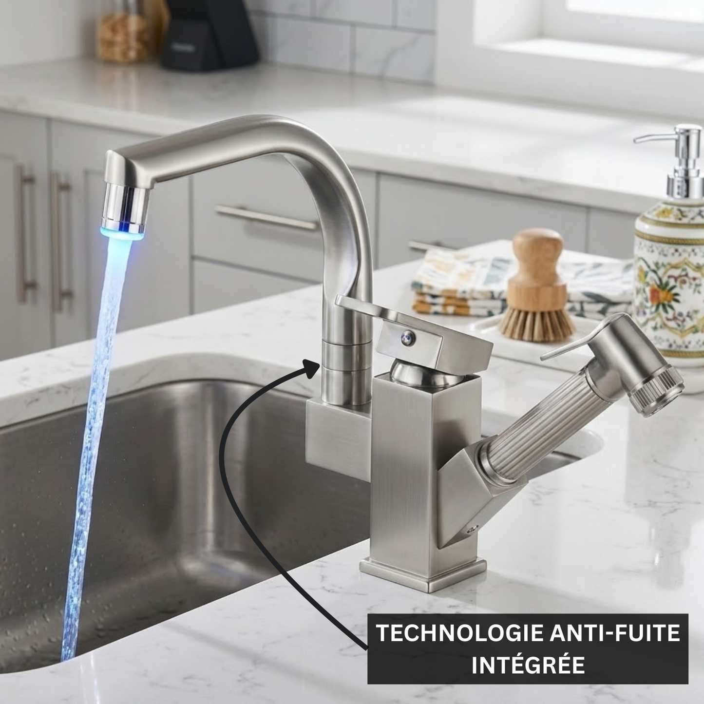 Robinet mitigeur évier cuisine design led flexible douchette pistolet - Argenté - Laiton