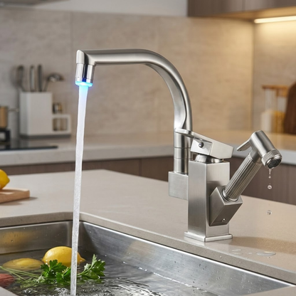 Robinet mitigeur évier cuisine design led flexible douchette pistolet - Argenté - Laiton