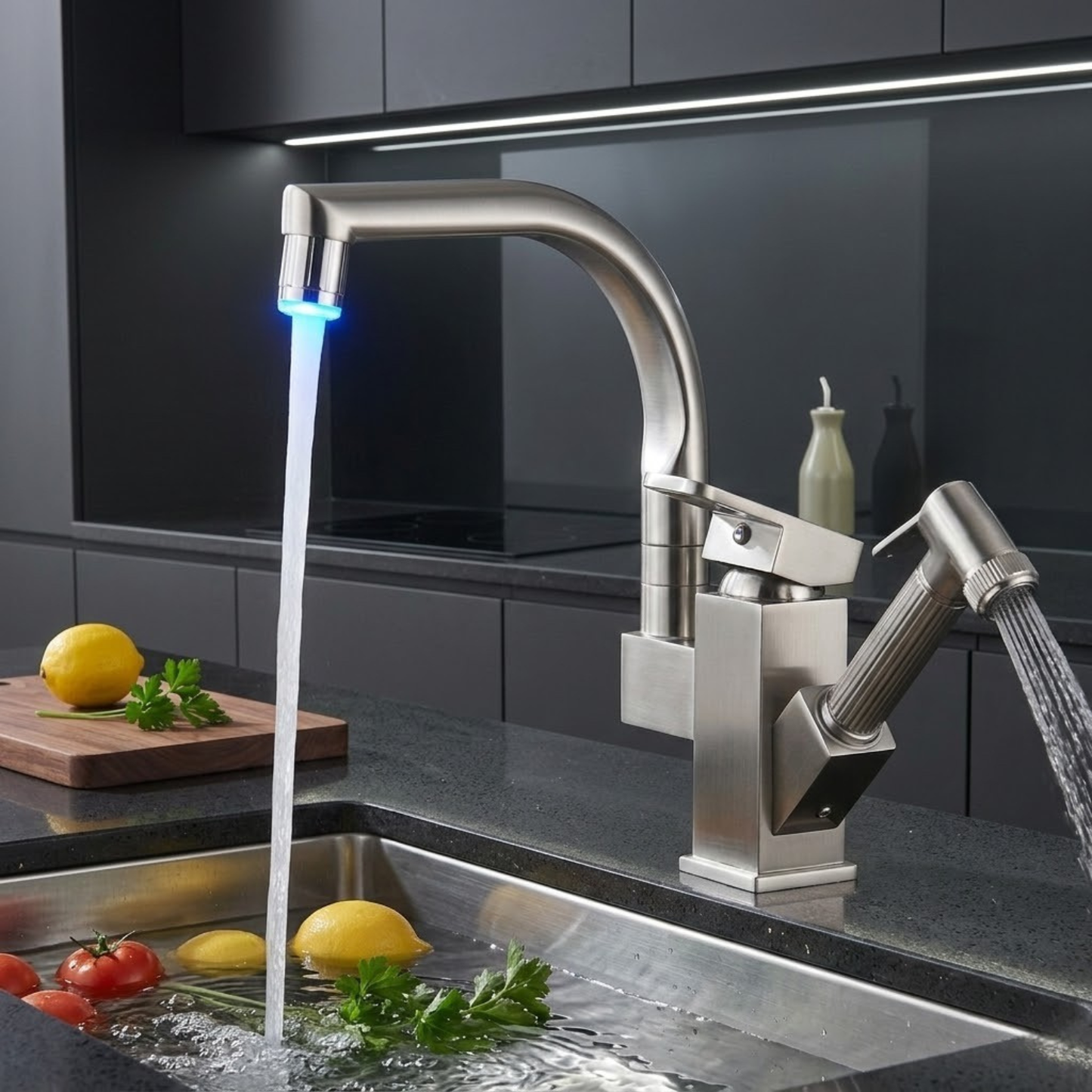 Robinet mitigeur évier cuisine design led flexible douchette pistolet - Argenté - Laiton
