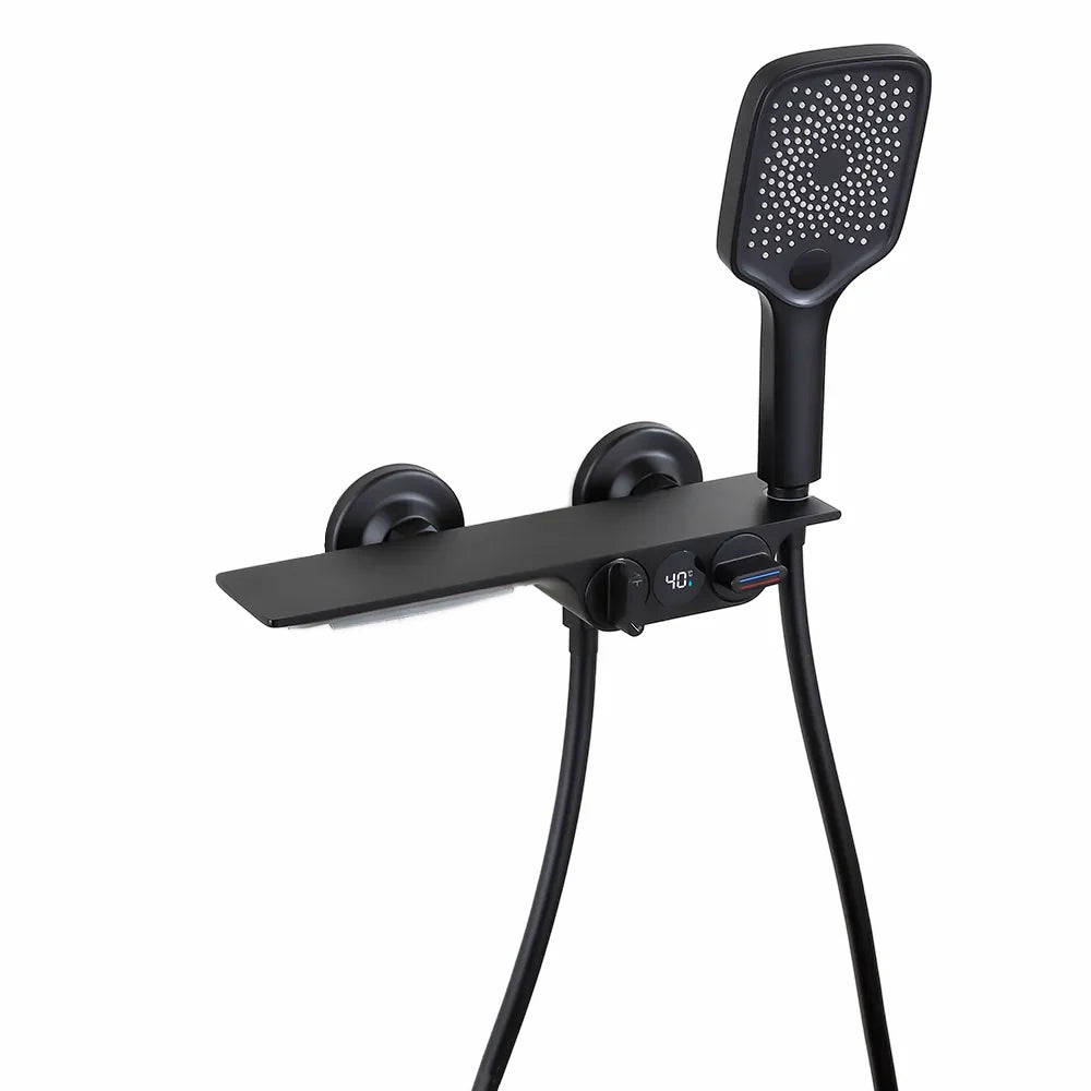 Robinet baignoire salle de bain cascade douchette affichage numérique - Noir - Laiton