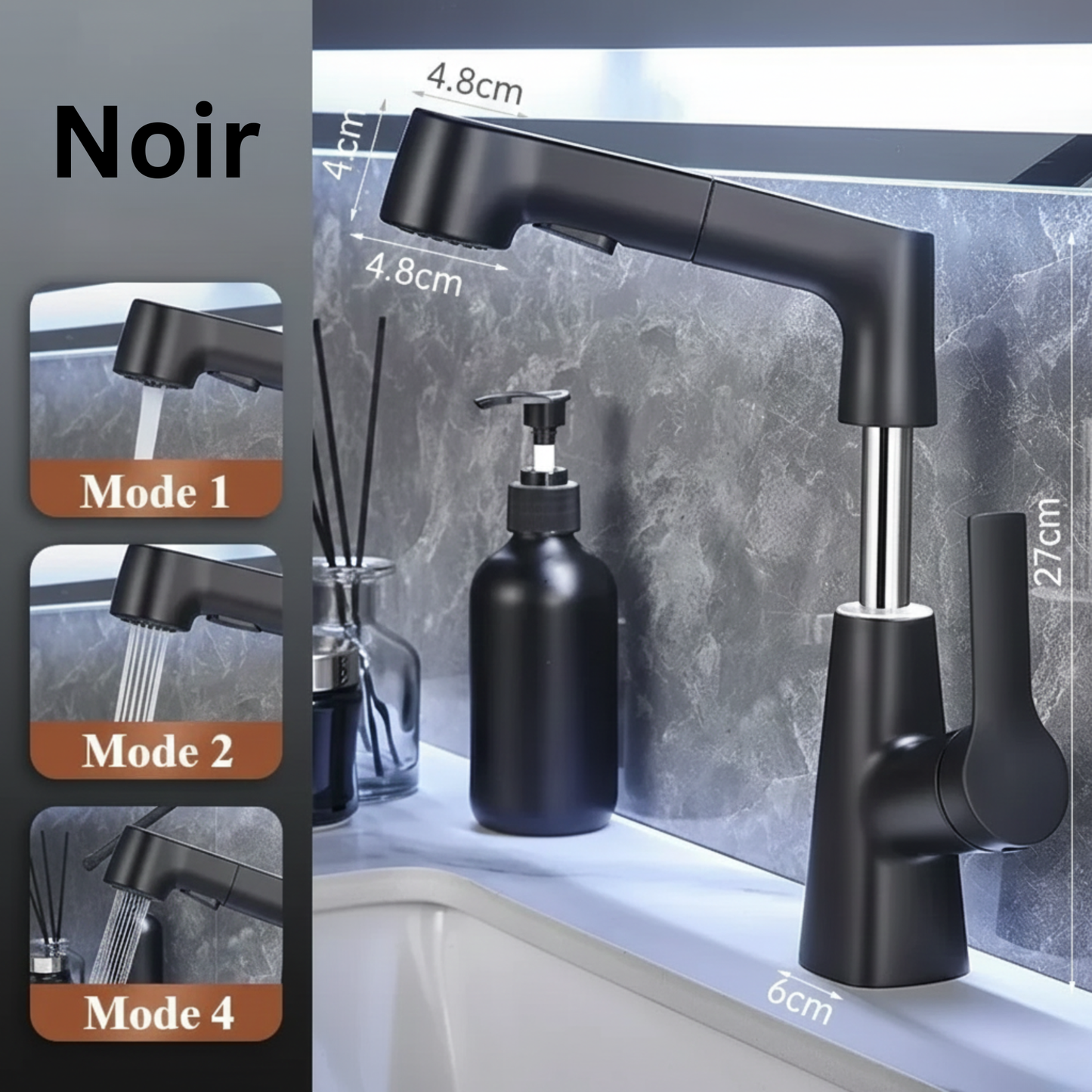 Robinet mitigeur évier cuisine flexible douchette hauteur réglable - Noir