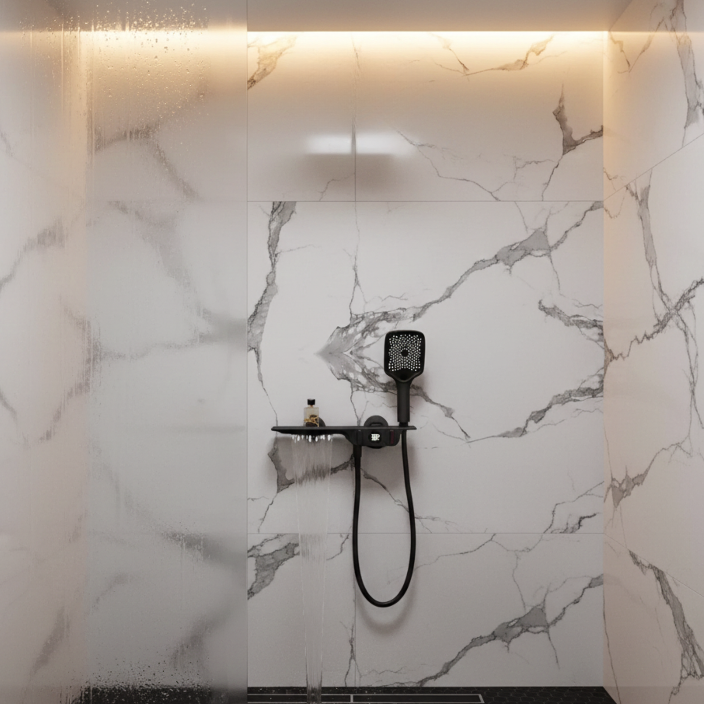 Robinet mitigeur baignoire salle de bain cascade douchette affichage numérique - Noir - Laiton