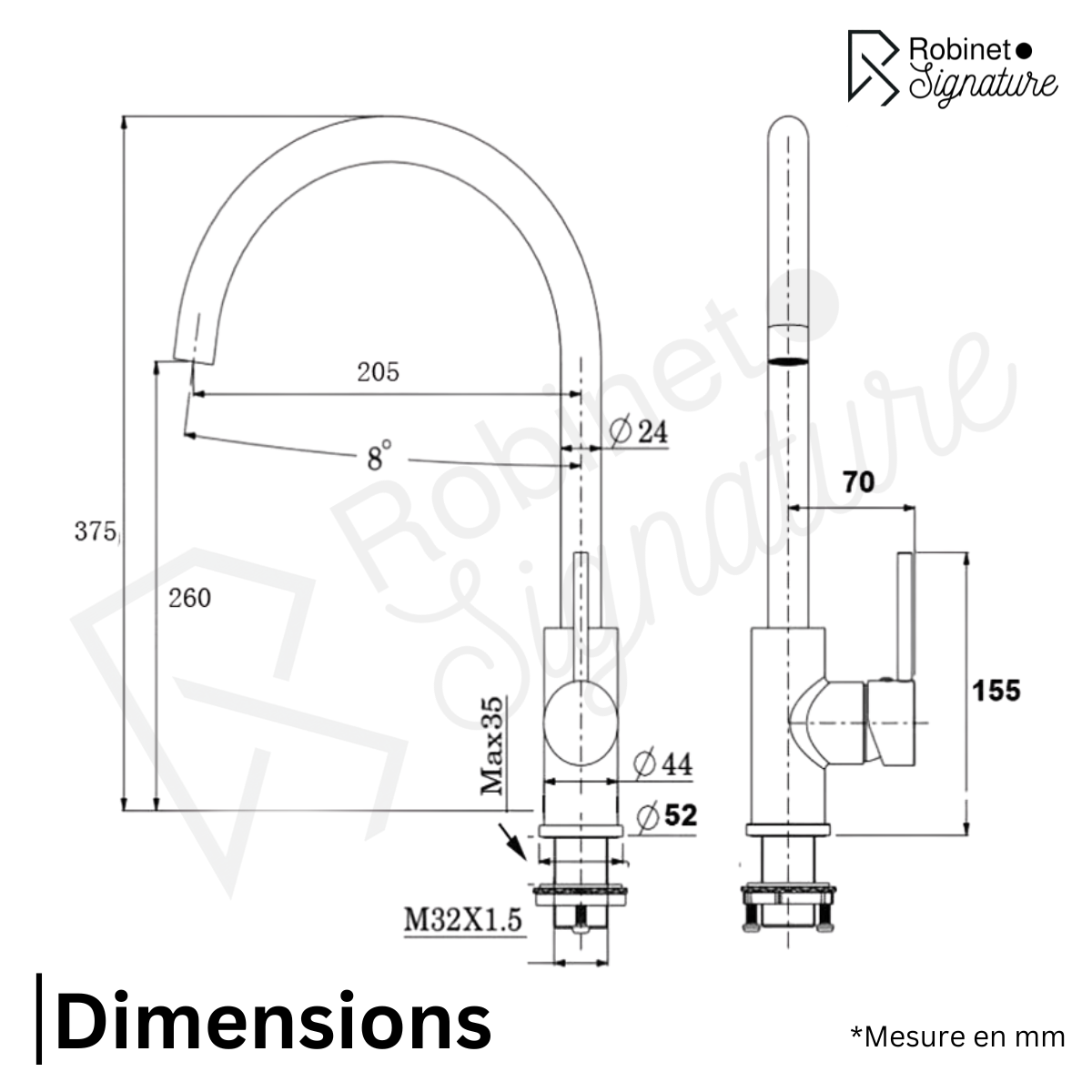 Mitigeur Robinet cuisine vasque haut noir mat col de cygne