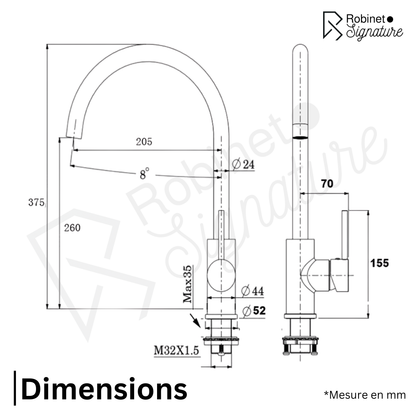 Mitigeur Robinet cuisine vasque haut noir mat col de cygne