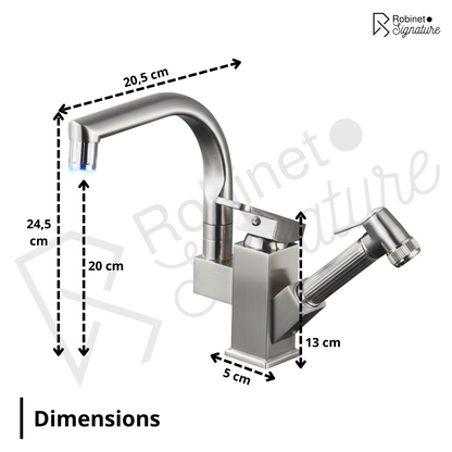 Robinet mitigeur évier cuisine design led flexible douchette pistolet - Argenté - Laiton