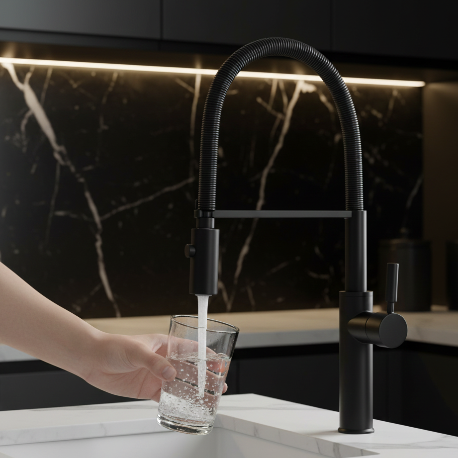 Robinet mitigeur évier cuisine flexible douchette design - Noir - Laiton