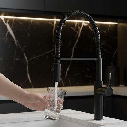 Robinet mitigeur évier cuisine flexible douchette design - Noir - Laiton