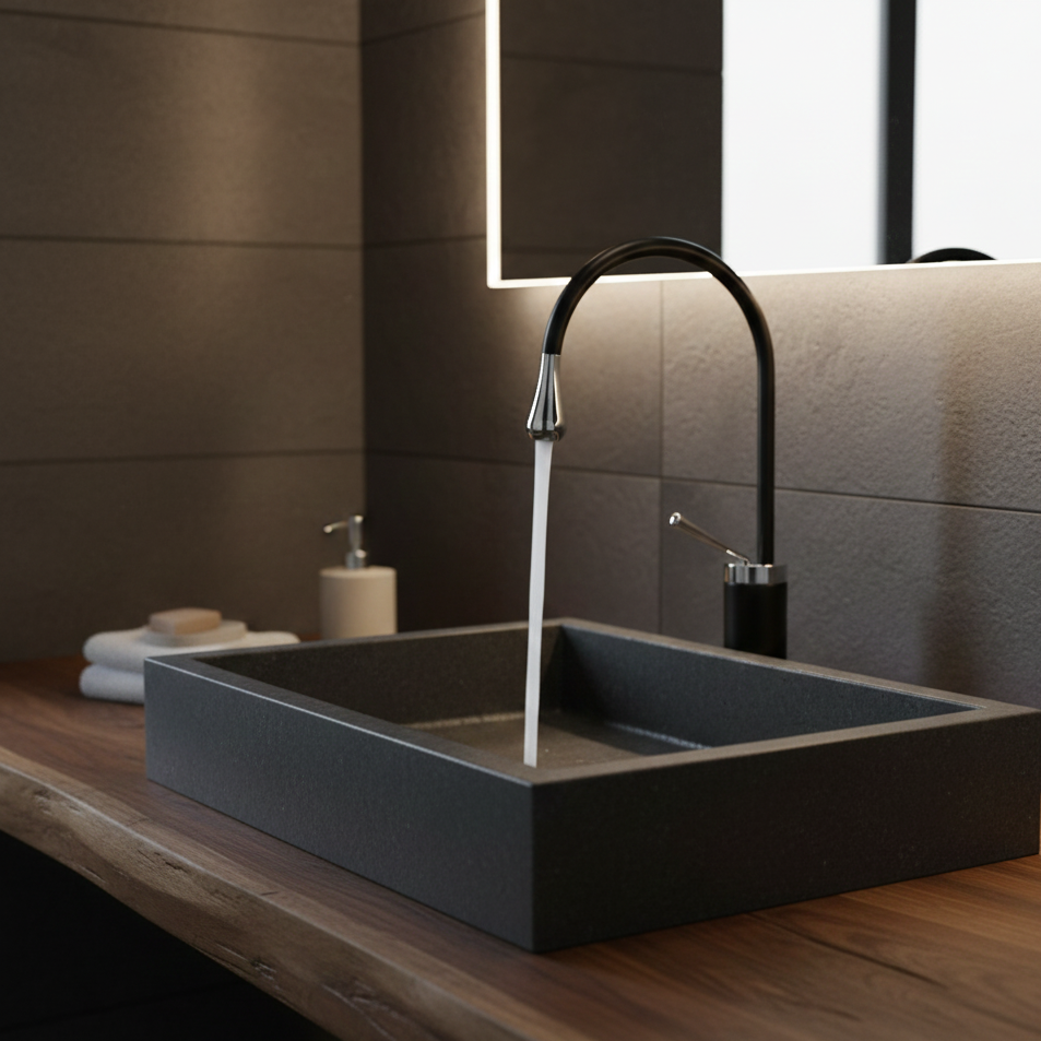 Robinet mitigeur salle de bain lavabo design arrondi goutte - Noir - Laiton