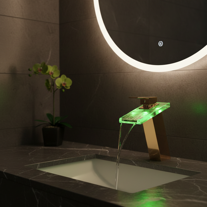 Robinet mitigeur salle de bain lavabo cascade lumineuse - Doré - Laiton