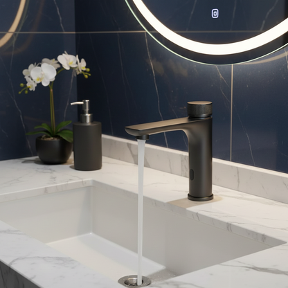 Robinet mitigeur lavabo salle de bain tactile rond - Noir - Laiton