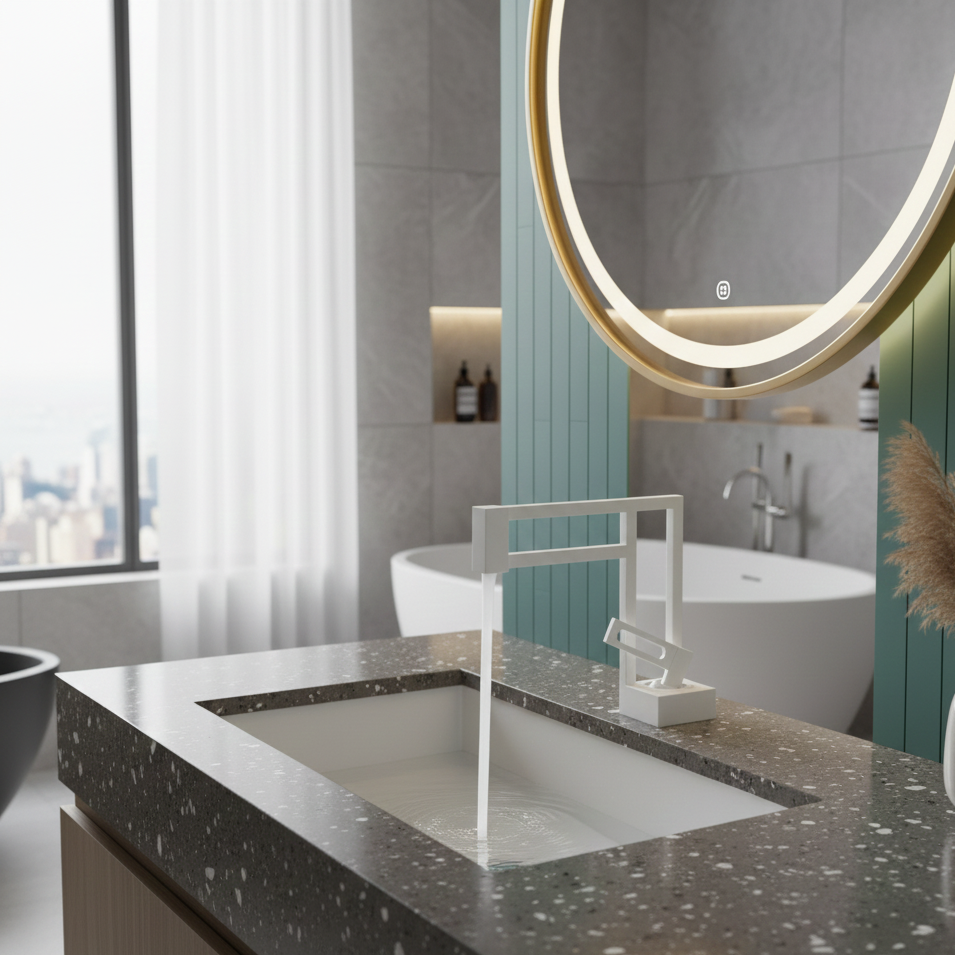 Robinet mitigeur moderne géométrique salle de bain lavabo - Blanc - Laiton