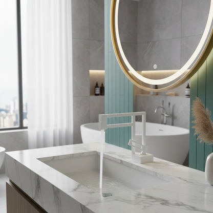 Robinet mitigeur moderne géométrique salle de bain lavabo - Blanc - Laiton
