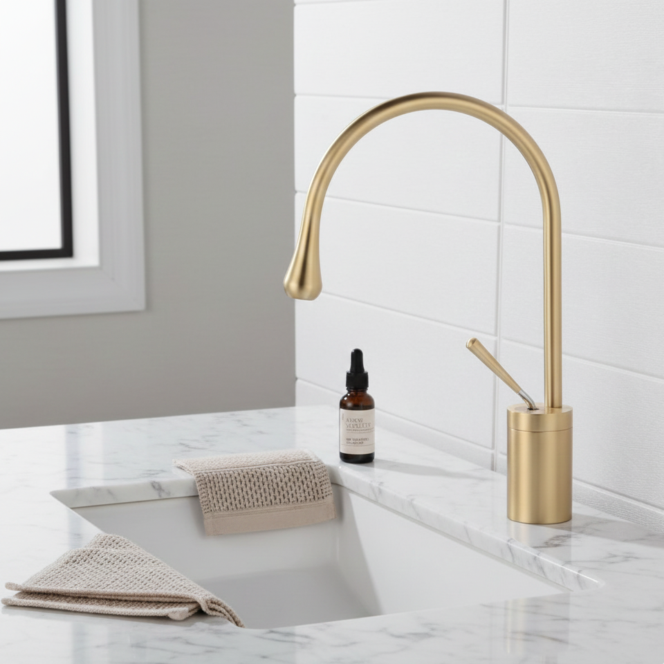 Robinet mitigeur salle de bain lavabo design arrondi goutte - Doré - Laiton