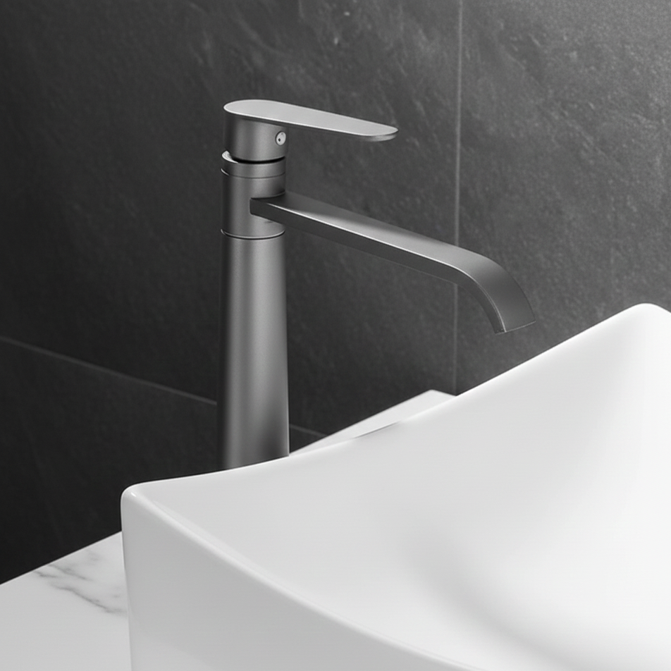 Robinet mitigeur lavabo salle de bain bec long - Argenté - Laiton