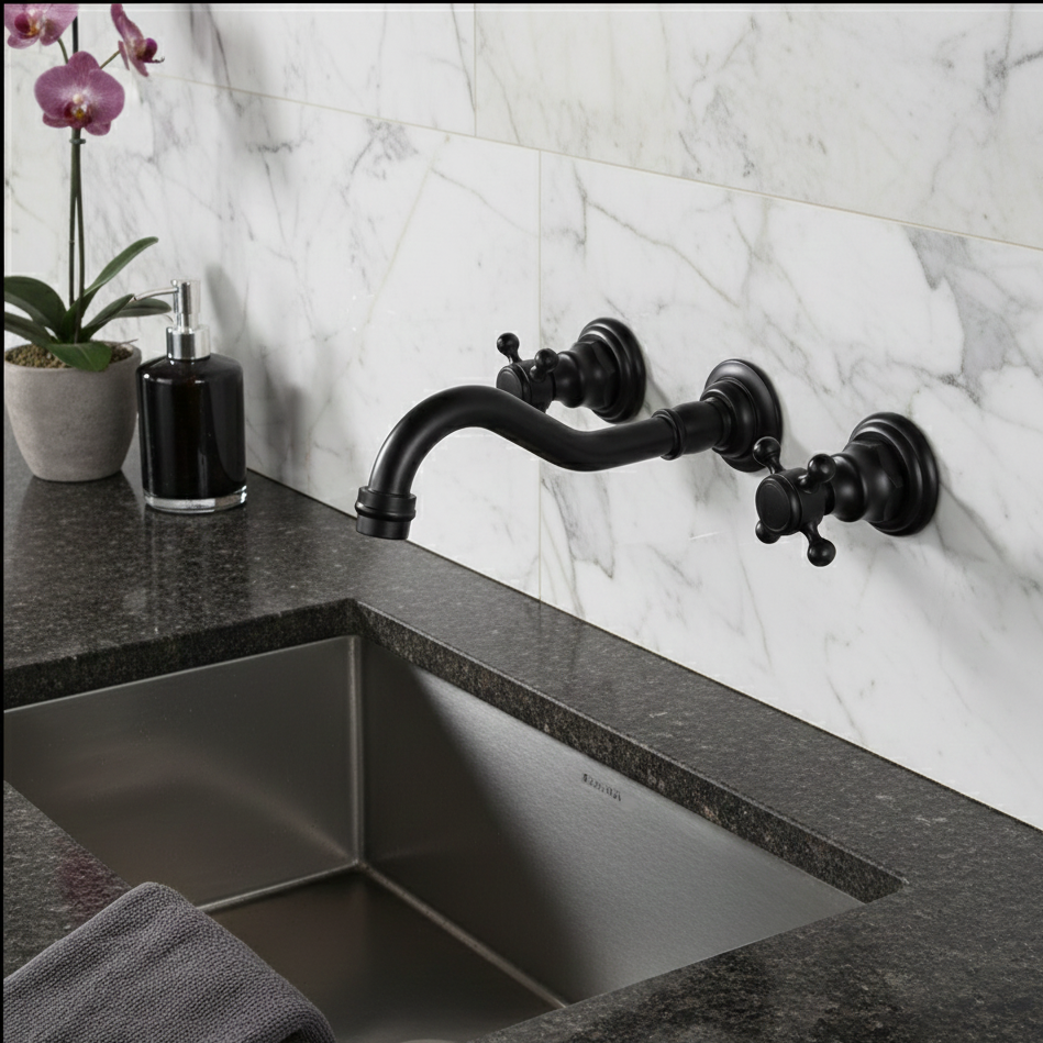 Robinet vintage mural encastrable cuisine évier - Noir - Laiton