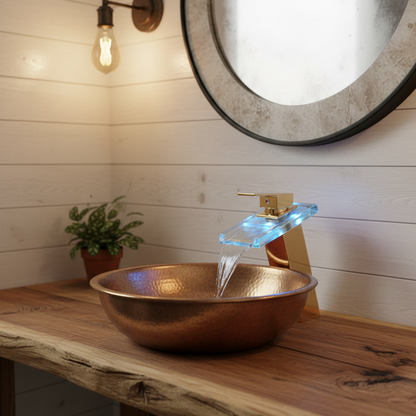 Robinet mitigeur salle de bain lavabo cascade lumineuse - Doré - Laiton