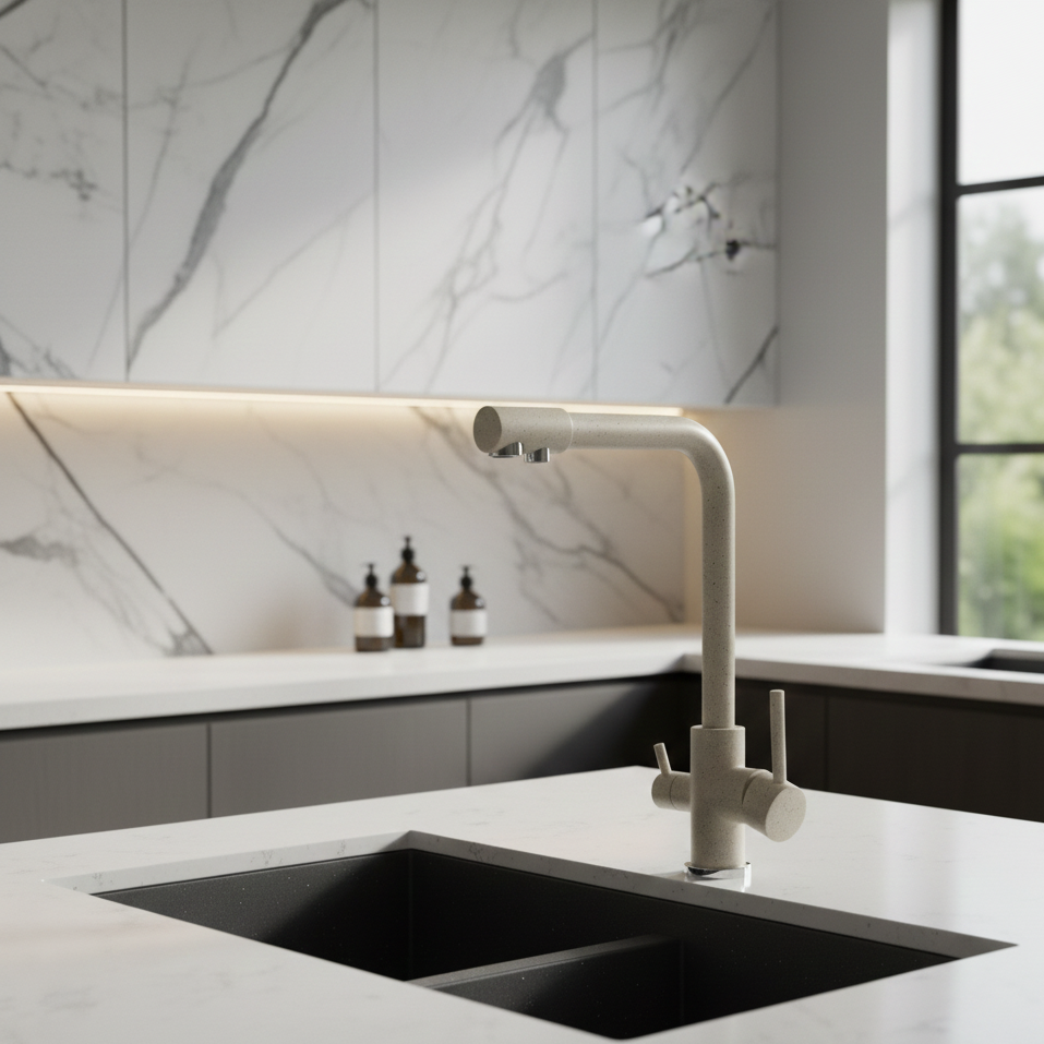 Robinet mitigeur cuisine évier purificateur d’eau 3 voies - Beige tacheté - Laiton