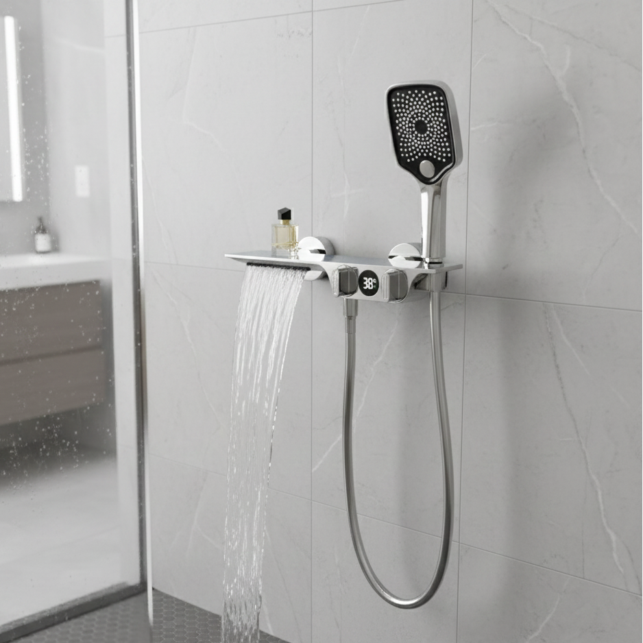 Robinet mitigeur baignoire salle de bain cascade douchette affichage numérique - Argenté - Laiton