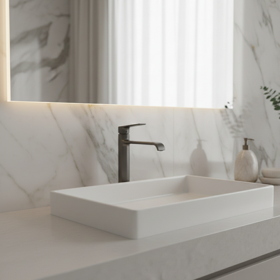 Robinet mitigeur lavabo salle de bain bec long - Argenté - Laiton