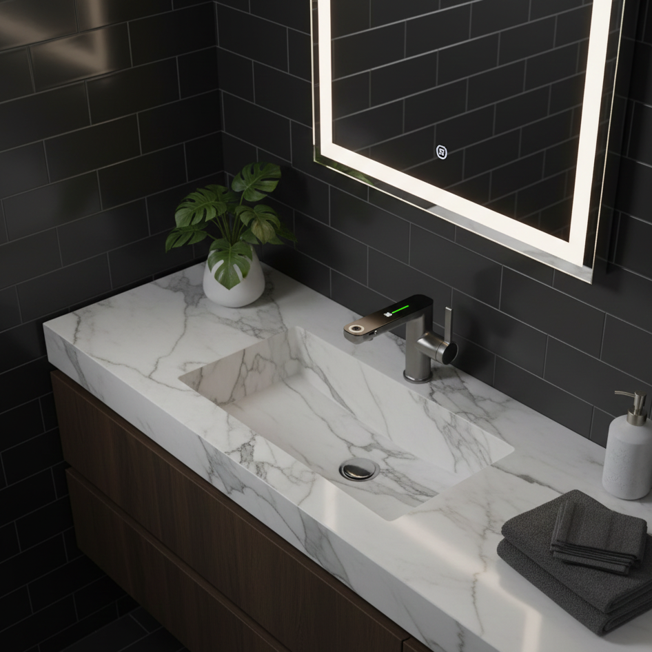 Robinet mitigeur salle de bain lavabo fontaine température numérique - Argenté