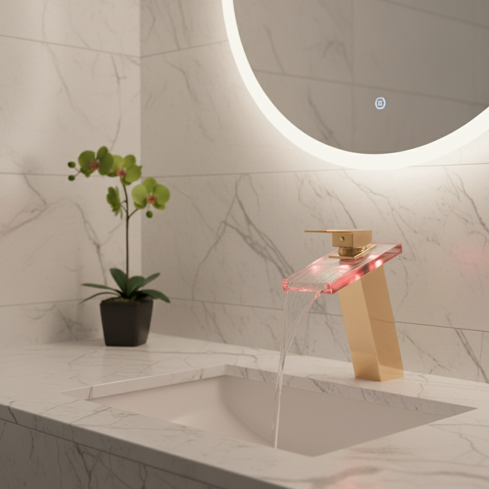 Robinet mitigeur salle de bain lavabo cascade lumineuse - Doré - Laiton