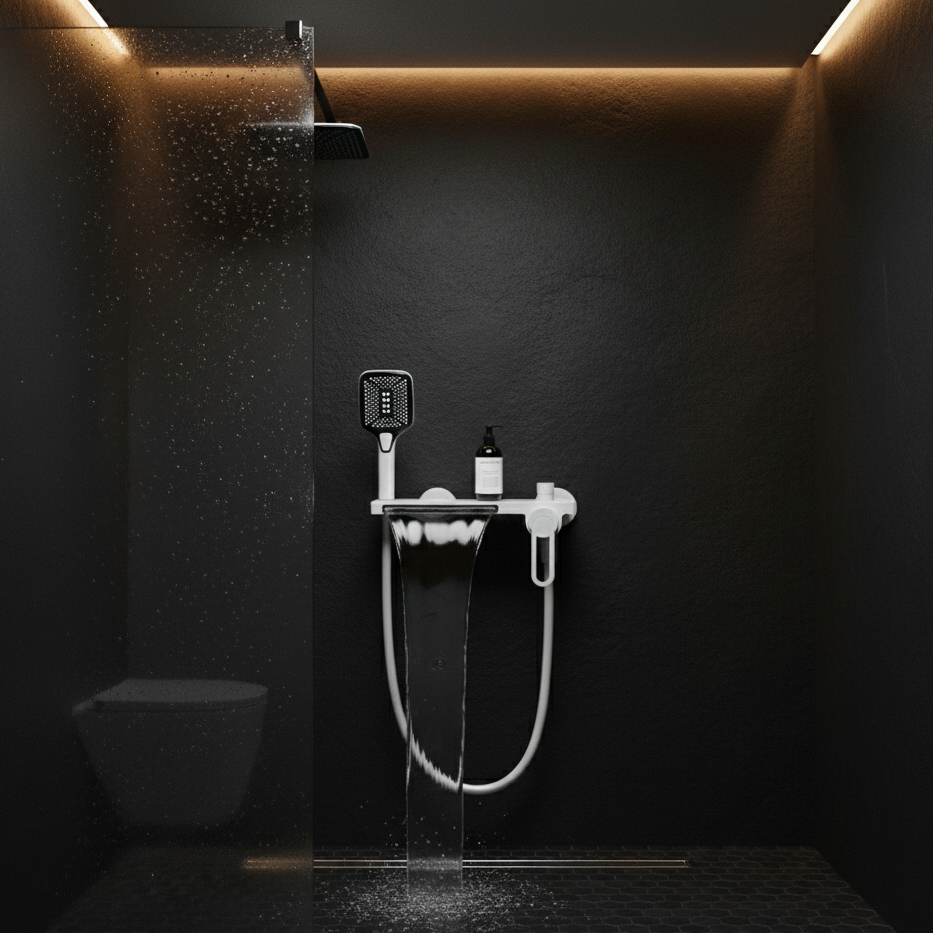 Robinet mitigeur baignoire salle de bain cascade douchette - Blanc - Laiton