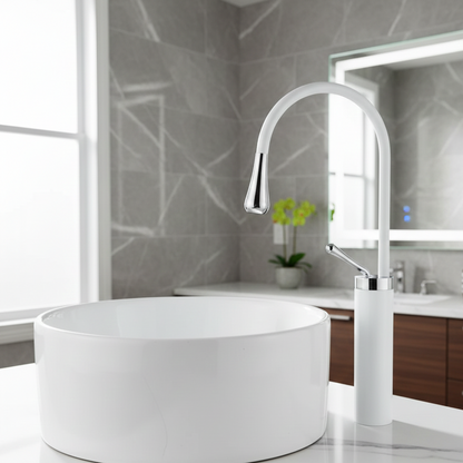 Robinet mitigeur salle de bain lavabo design arrondi goutte - Blanc - Laiton