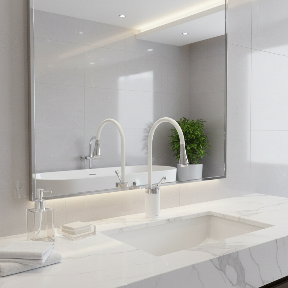 Robinet mitigeur salle de bain lavabo design arrondi goutte - Blanc - Laiton