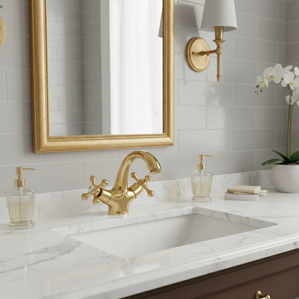 Robinet mitigeur lavabo salle de bain rétro double poignées - Doré - Laiton