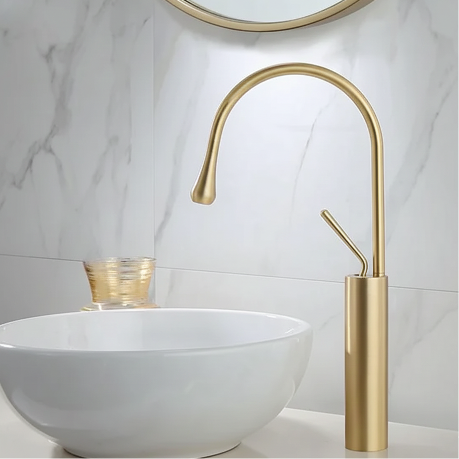 Robinet mitigeur salle de bain lavabo design arrondi goutte - Doré - Laiton