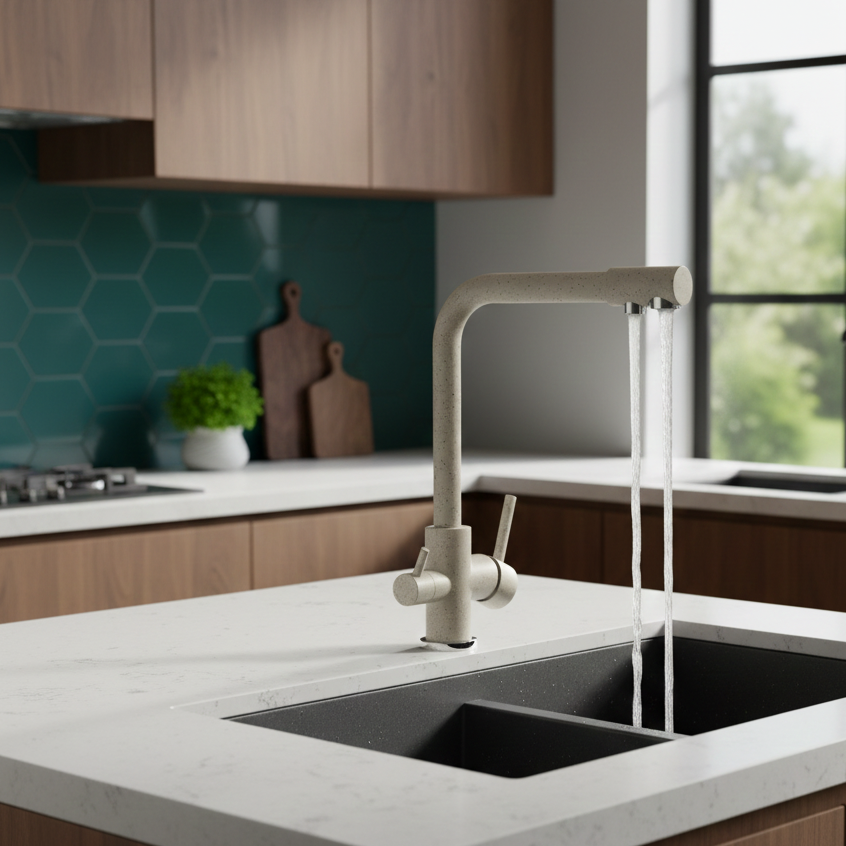 Robinet mitigeur cuisine évier purificateur d’eau 3 voies - Beige tacheté - Laiton