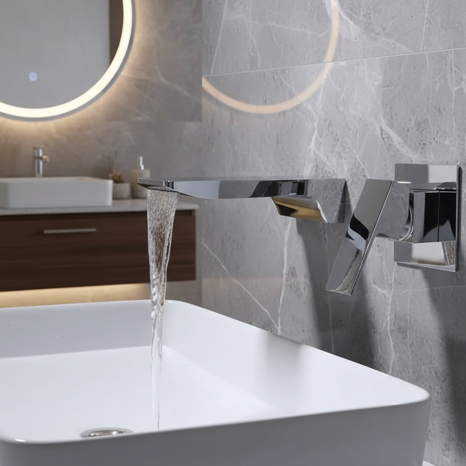 Robinet mitigeur salle de bain lavabo encastrable mural cascade - Argenté - Laiton